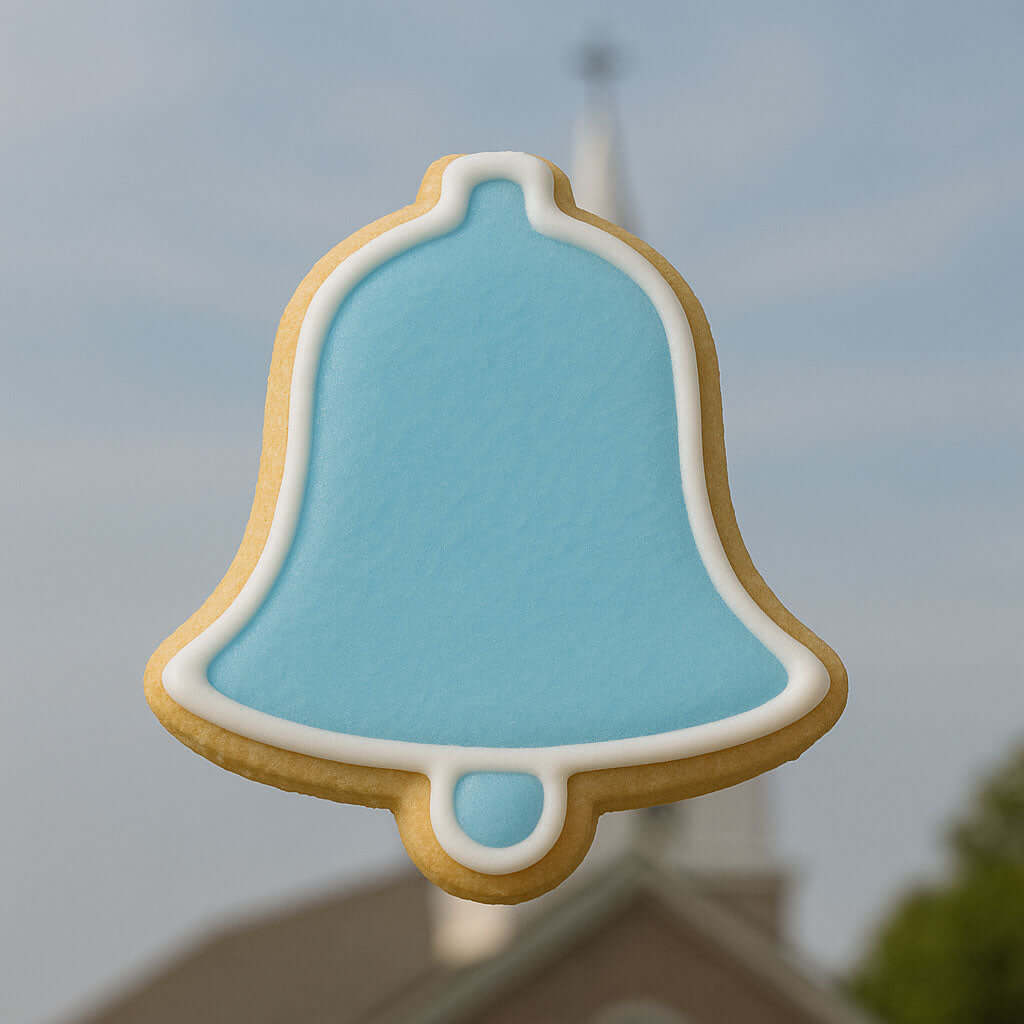 3.5 inch Bell Metal Cookie Cutter cookie decorated in blue icing, shaped like a bell against a blurred background.