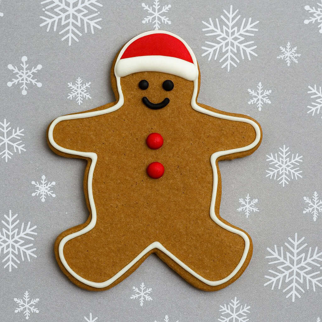 Gingerbread man cookie with a red hat and buttons on a gray background with snowflakes from a 5 inch Gingerbread Boy Metal Cookie Cutter