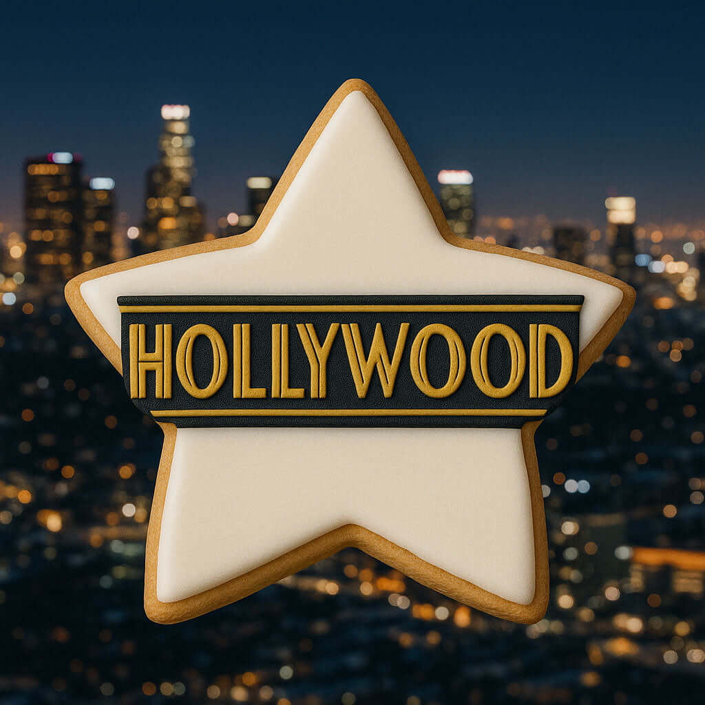 3.5 inch Star Metal Cookie Cutter shaped cookie with 'HOLLYWOOD' decoration against a night city skyline backdrop.