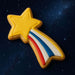 4 inch Shooting Star Metal Cookie Cutter shaped cookie with yellow star and colorful comet tail against a dark starry background.