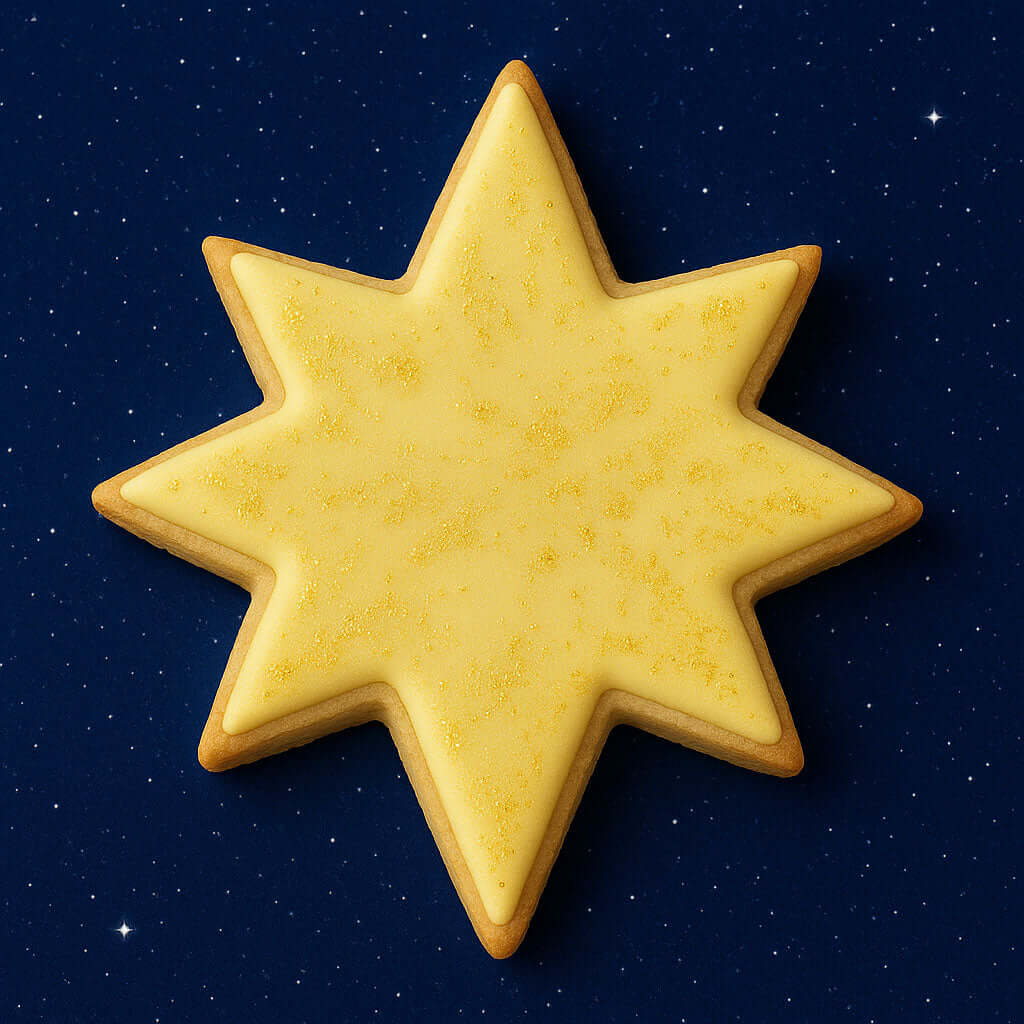 3.5 inch Star of Bethlehem Moravian Star Metal Cookie Cutter shaped yellow cookie on a dark starry background.