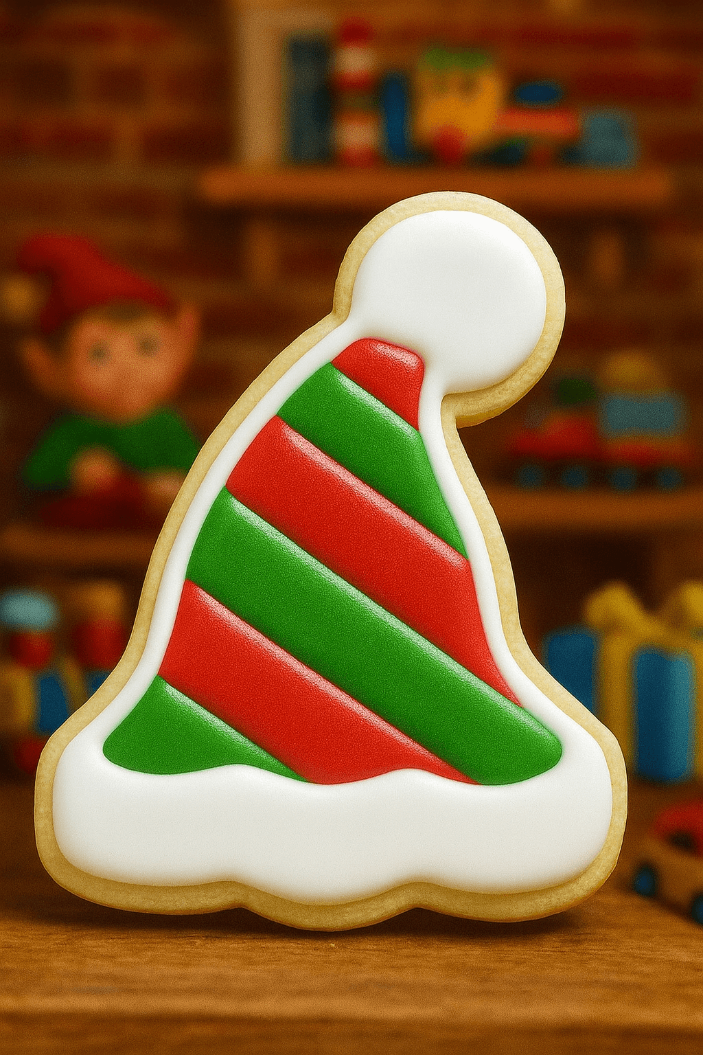 3.75 inch Elf Party Ski Hat Metal Cookie Cutter shaped cookie with red and green icing design.