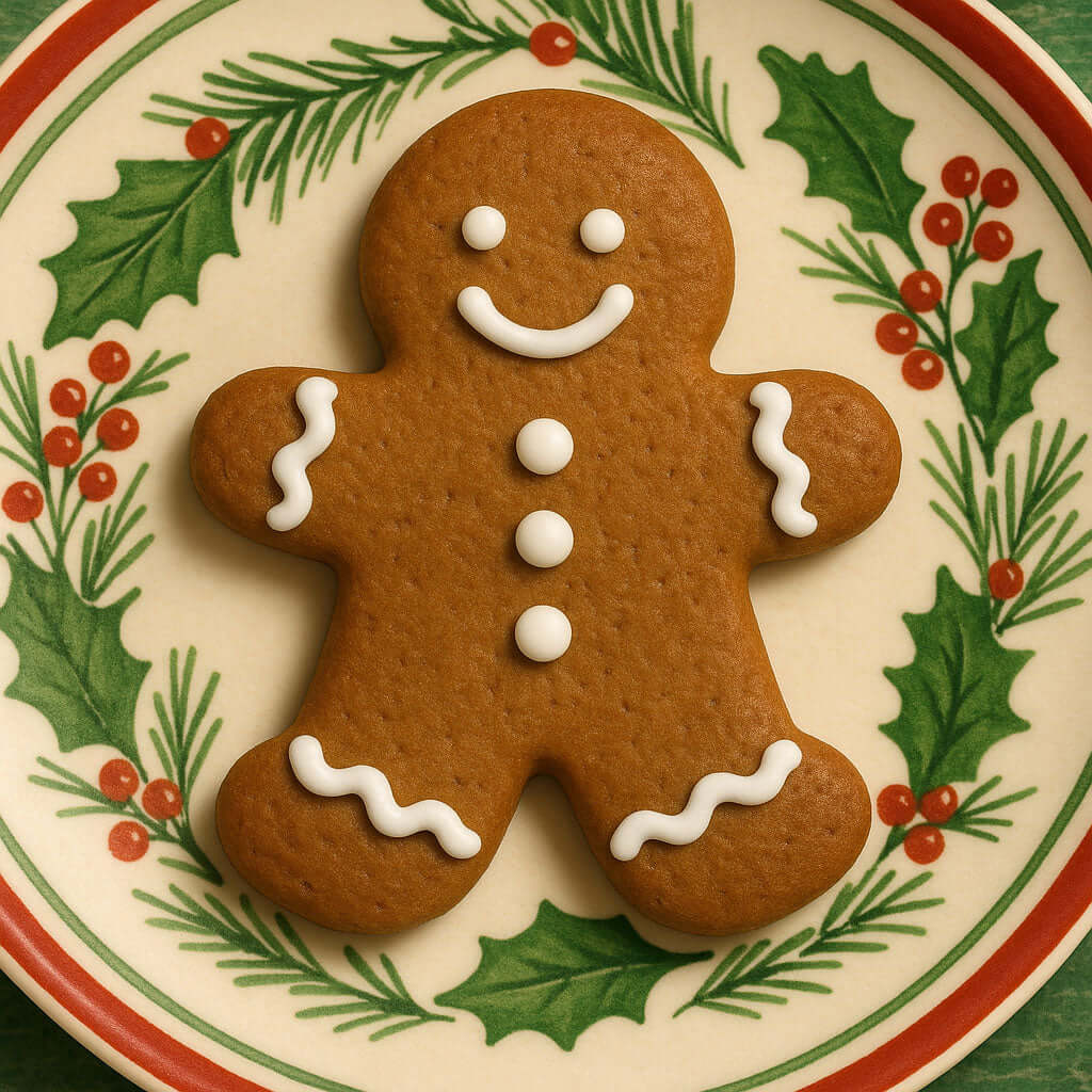 2.25 inch Mini Gingerbread Boy Metal Cookie Cutter with decorated gingerbread boy cookie on holly plate.