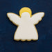 Angel-shaped cookie with white body and wings on a dark blue background from a 3 inch Angel Metal Cookie Cutter