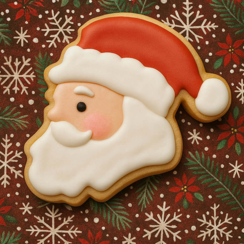 4 inch Santa Face Metal Cookie Cutter shaped cookie decorated with red and white icing on festive background.