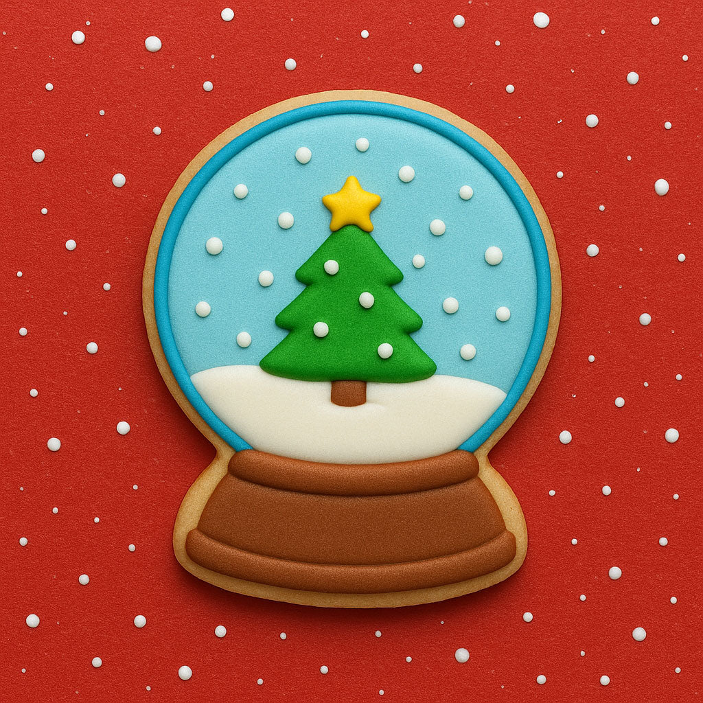 Decorative cookie shaped like a snow globe with a Christmas tree on a red background from a 3.5 inch Snow Globe Metal Cookie Cutter