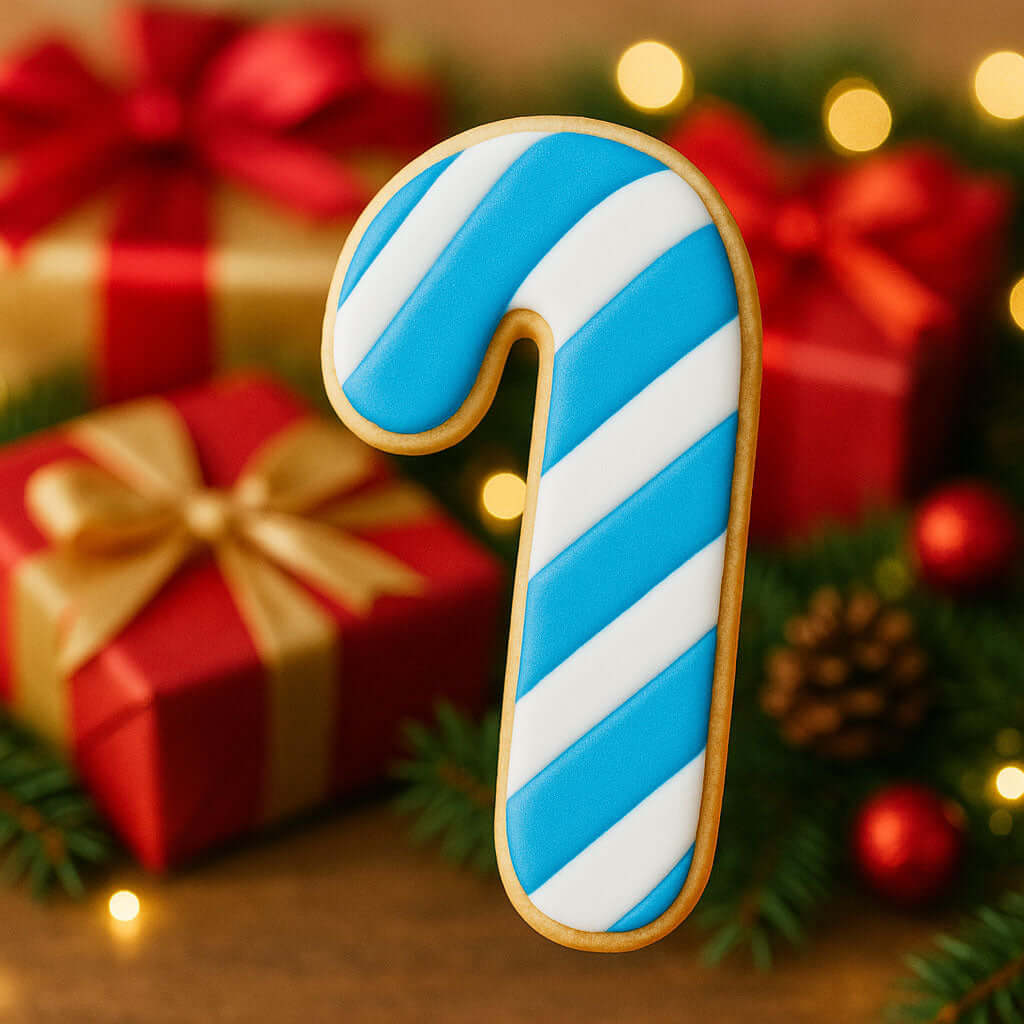 5 inch Candy Cane Metal Cookie Cutter shaped cookie with blue and white stripes in front of holiday gifts.