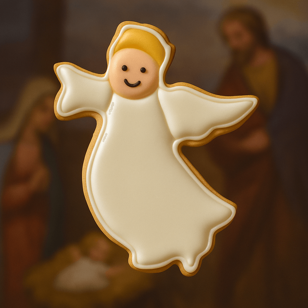 4.75 inch Flying Angel Metal Cookie Cutter shaped cookie with a smiling angel design.