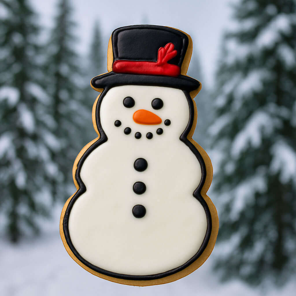 Snowman-shaped cookie with a top hat and carrot nose against a snowy background from a 4 inch Snowman Metal Cookie Cutter