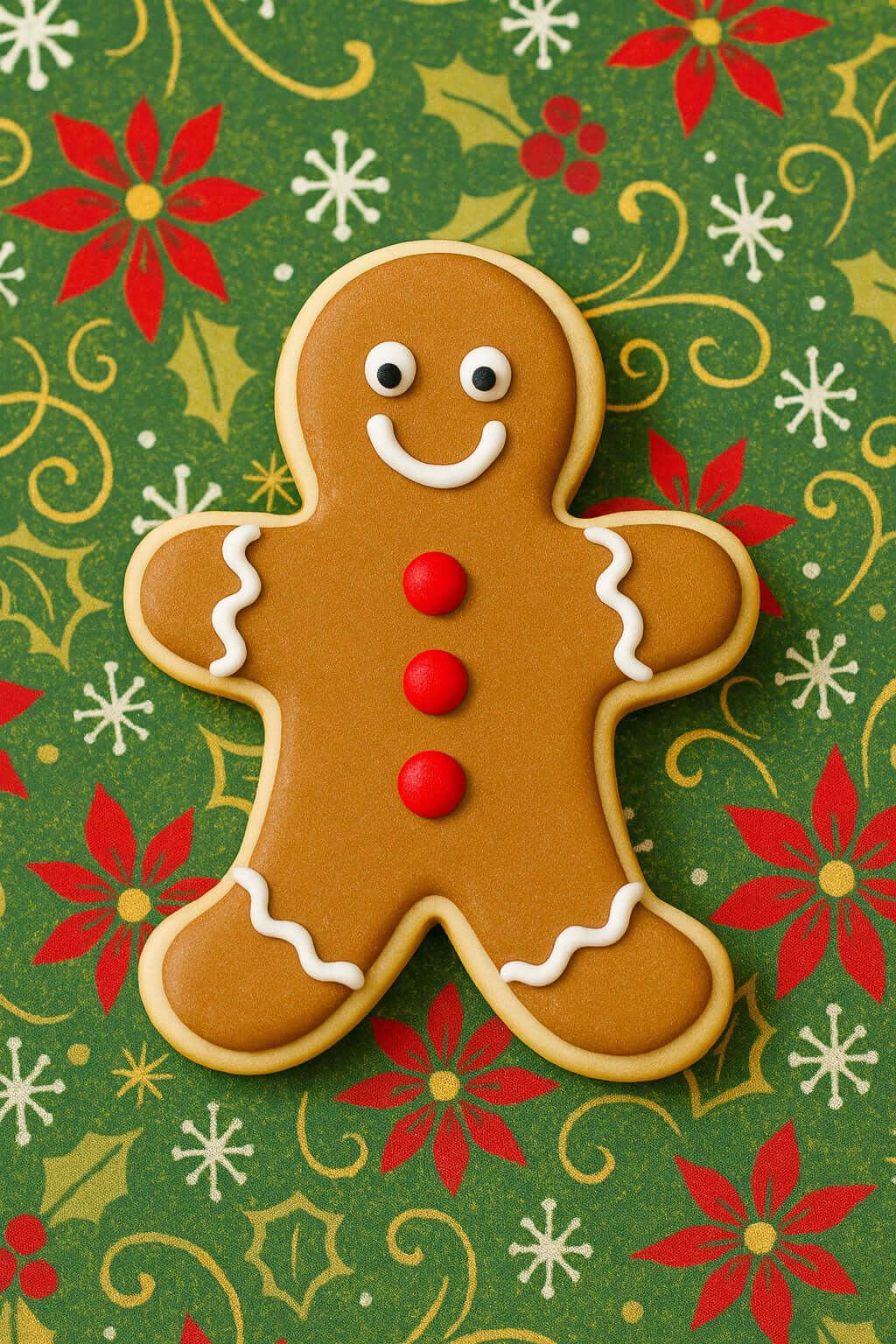 3.5 inch Folk Gingerbread Boy Metal Cookie Cutter shaped cookie decorated with icing on holiday pattern backdrop.