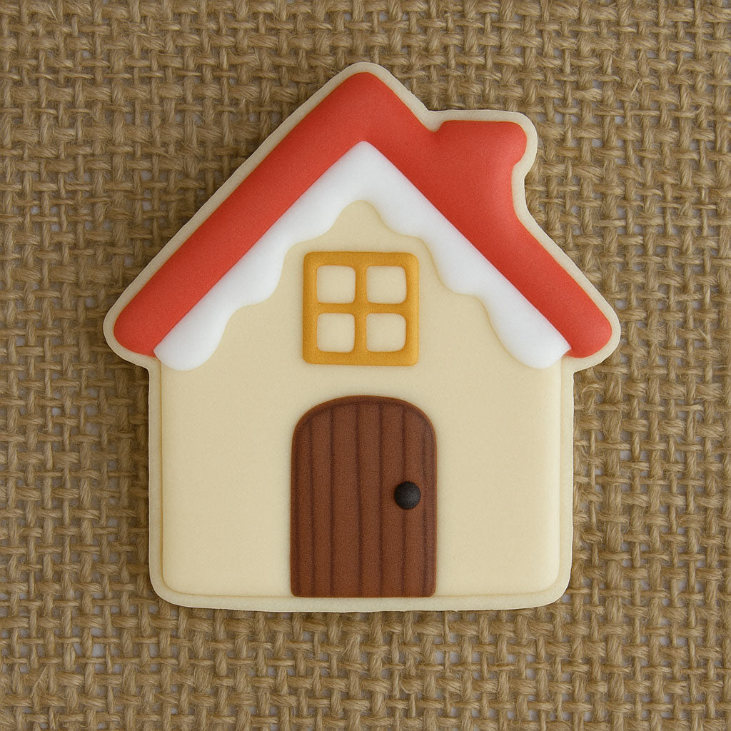House-shaped cookie with red roof, beige body, and brown door on a textured brown background from a 3.5 inch Gingerbread House Metal Cookie Cutter