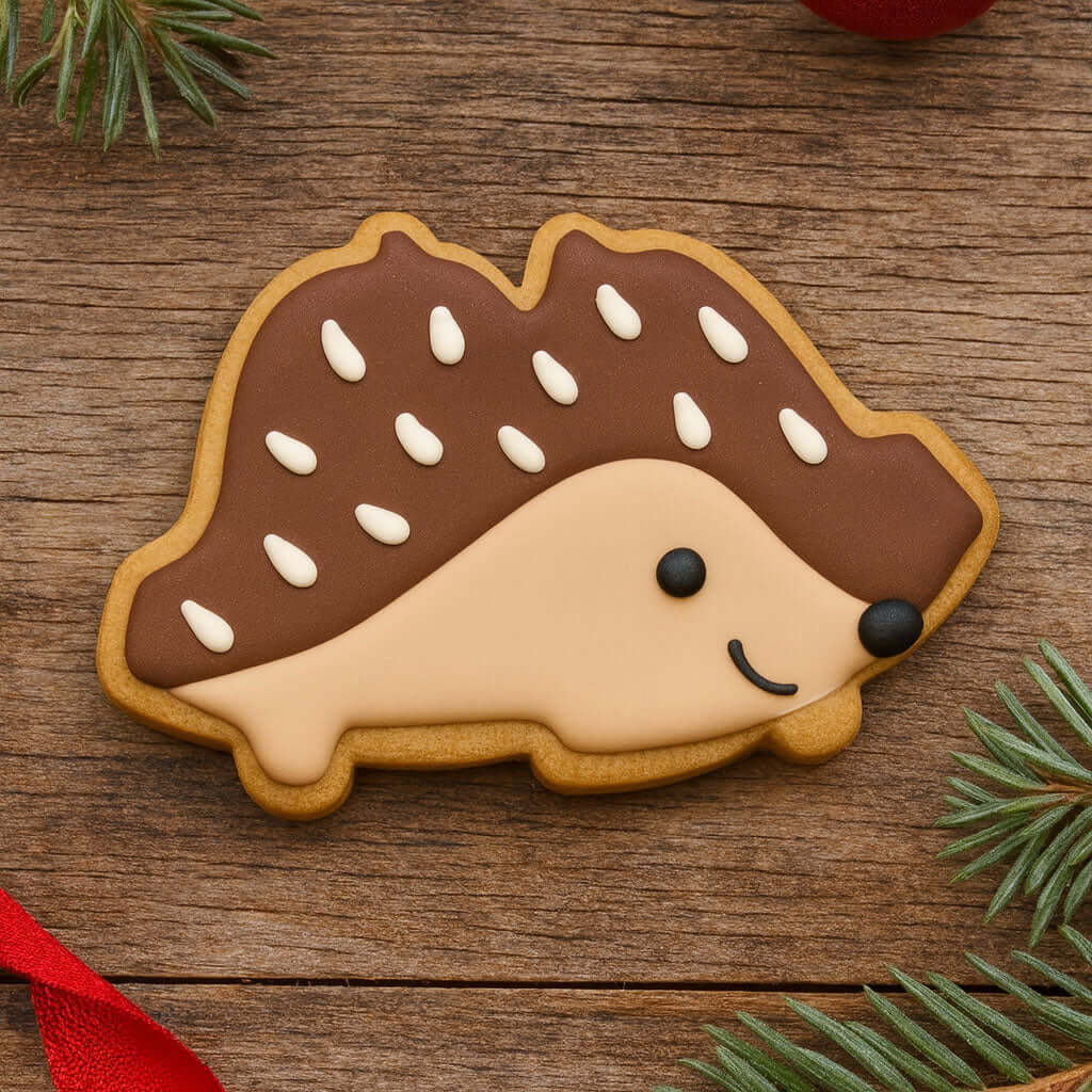 3.75 inch Double Bells Metal Cookie Cutter shaped hedgehog cookie decorated with white icing on wooden background.