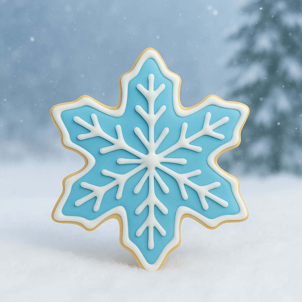 3 inch Snowflake Metal Cookie Cutter shaped cookie decorated in blue icing with white details, set against a snowy background.