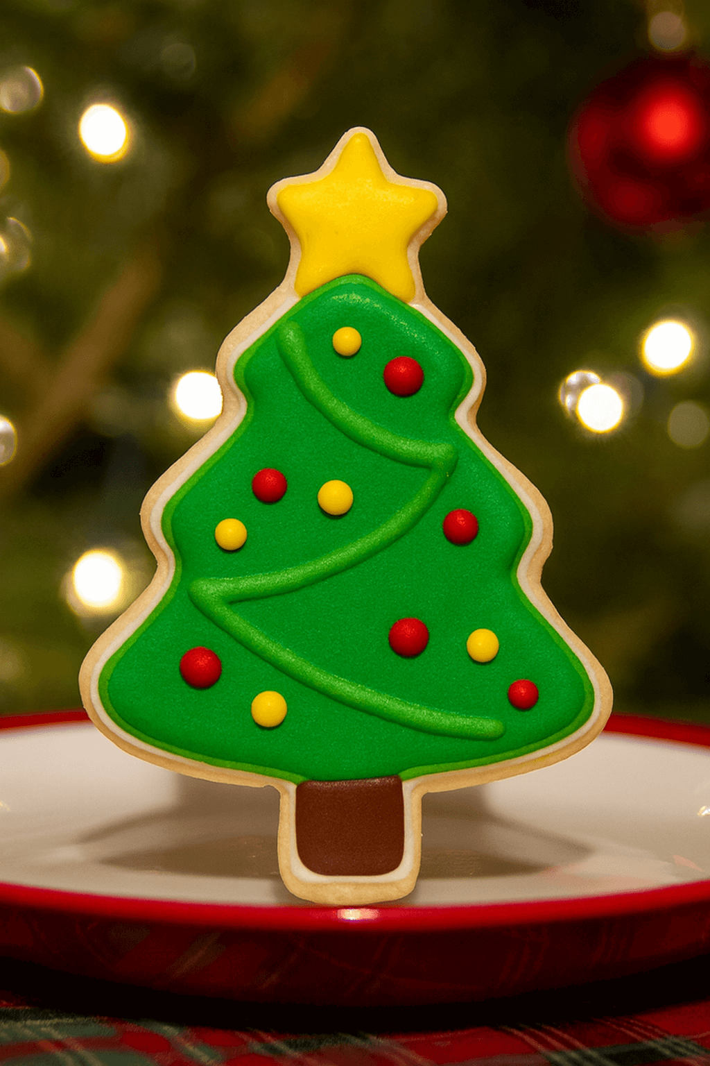 4 inch Tree with Star Metal Cookie Cutter shaped cookie decorated with green icing on a plate.