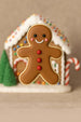Gingerbread man cookie with a small gingerbread house and candy canes on a beige background from a 3 inch Gingerbread Boy Metal Cookie Cutter