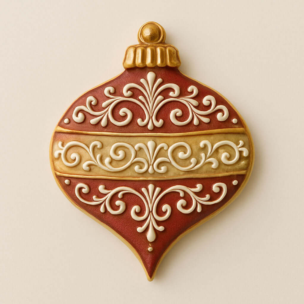 Decorative Christmas ornament cookie with intricate designs on a beige background from a 4.25 inch Christmas Ornament Metal Cookie Cutter
