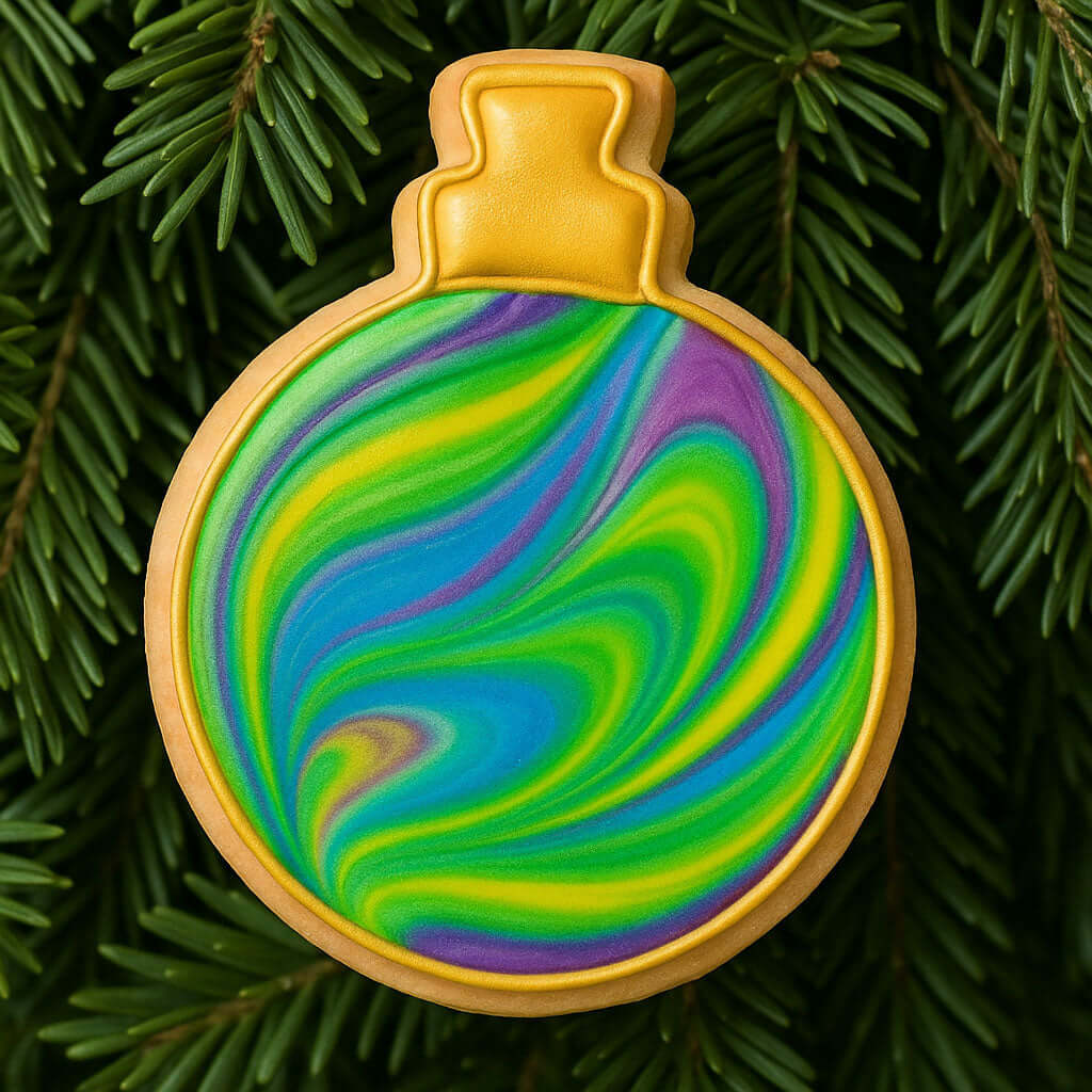Colorful marbled cookie shaped like a Christmas ornament on green pine branches from a 4 inch Christmas Ornament Metal Cookie Cutter
