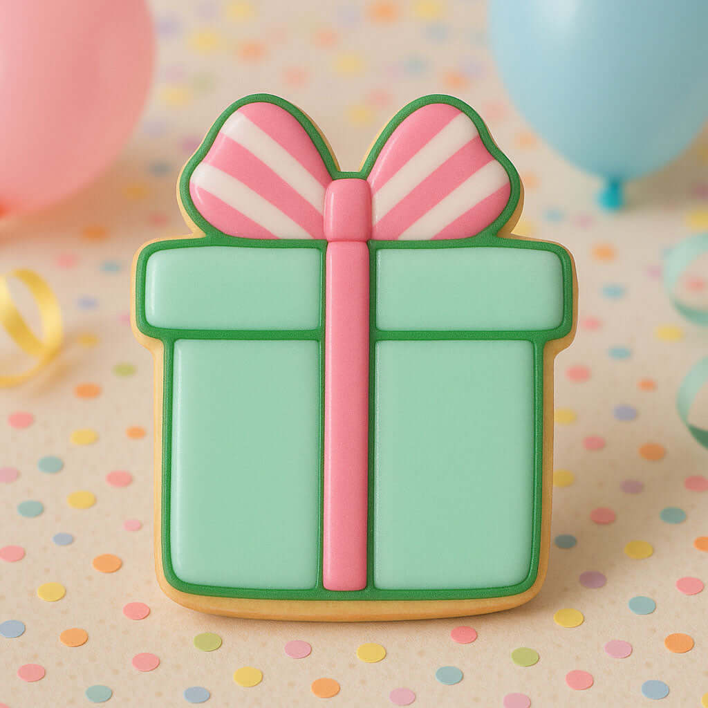 Cookie shaped like a gift box with a pink ribbon on a polka dot background from a 2 inch Mini Present Metal Cookie Cutter