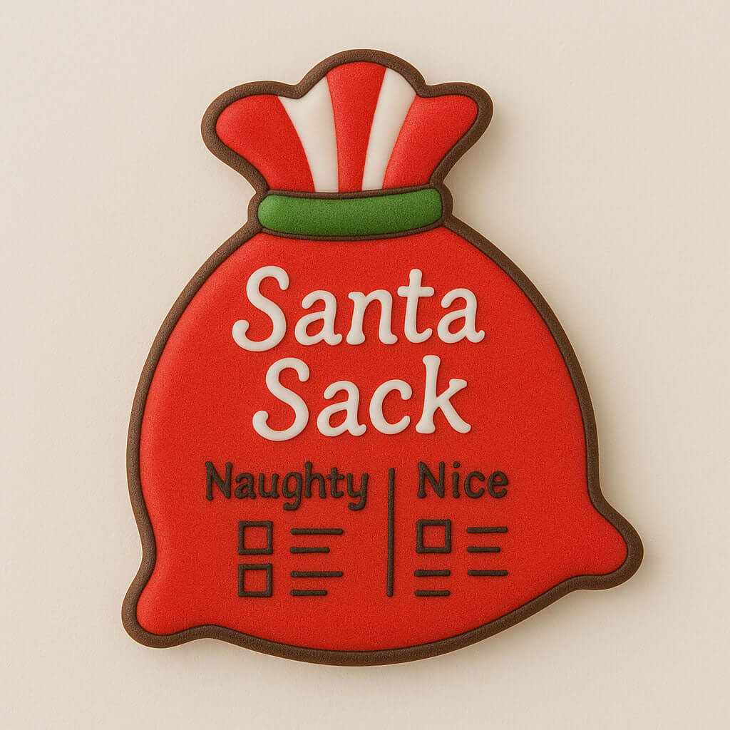 Decorative sack shaped like a red Santa sack with 'Santa Sack' text on a beige background from a 3.5 inch Santa Potato Money Sack Metal Cookie Cutter