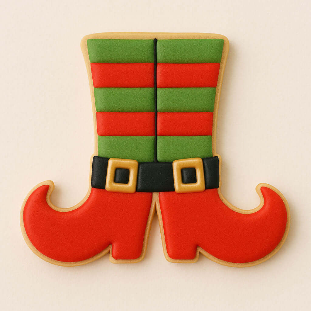 Decorative cookie shaped like a pair of elf shoes with green and red stripes on a beige background from a 3.5 inch Elf Legs Metal Cookie Cutter