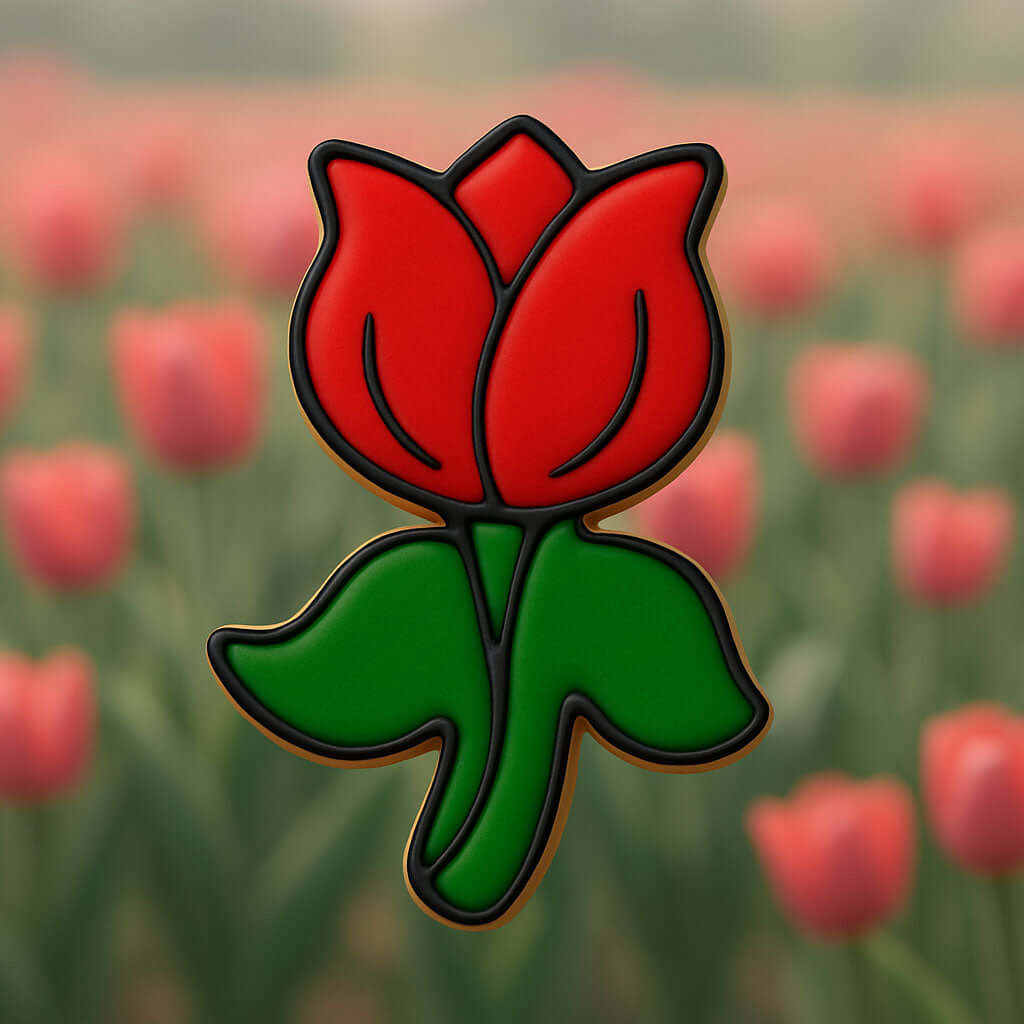 Red tulip-shaped pin with green stem against a blurred background of red tulips from a 3 inch Tulip Metal Cookie Cutter