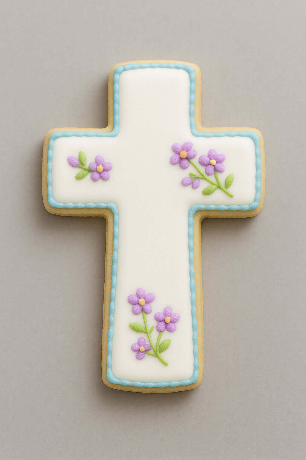 Decorative cross-shaped cookie with floral designs on a gray background from a 4 inch Cross Metal Cookie Cutter