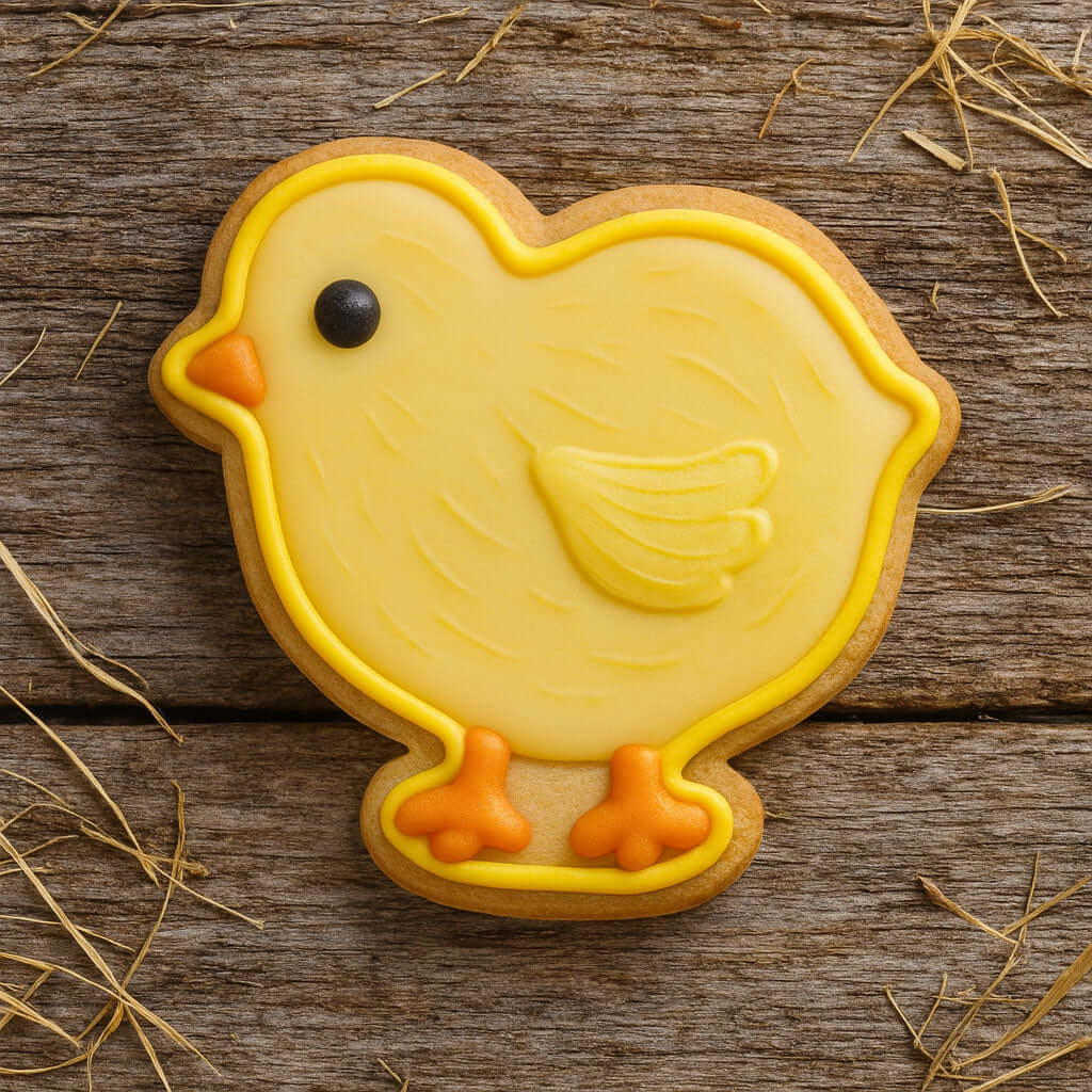 Yellow chick-shaped cookie with orange feet and black eye on a wooden surface from a 2.5 inch Chick Metal Cookie Cutter