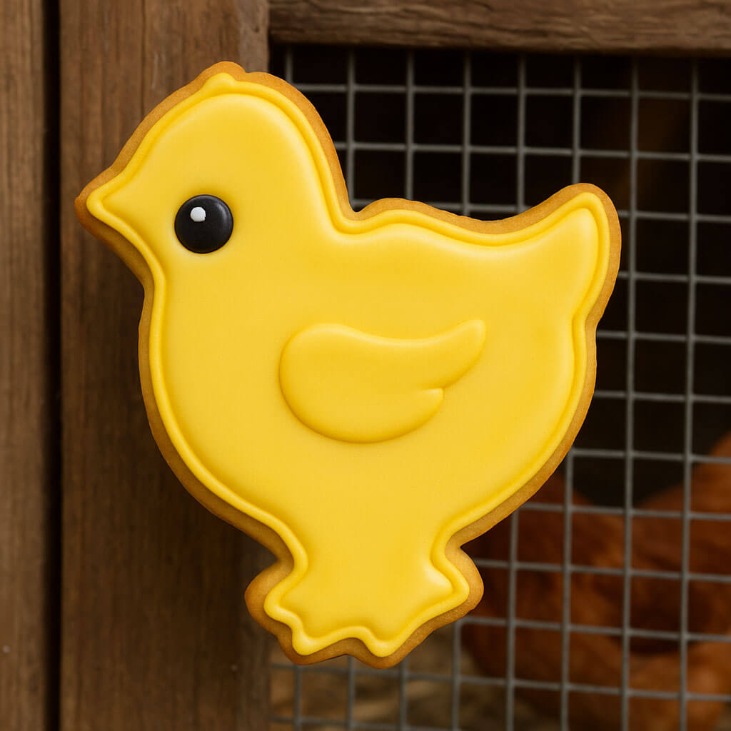 Yellow chick-shaped cookie on a wooden surface with a wire mesh background from a 2.5 inch Chick Metal Cookie Cutter