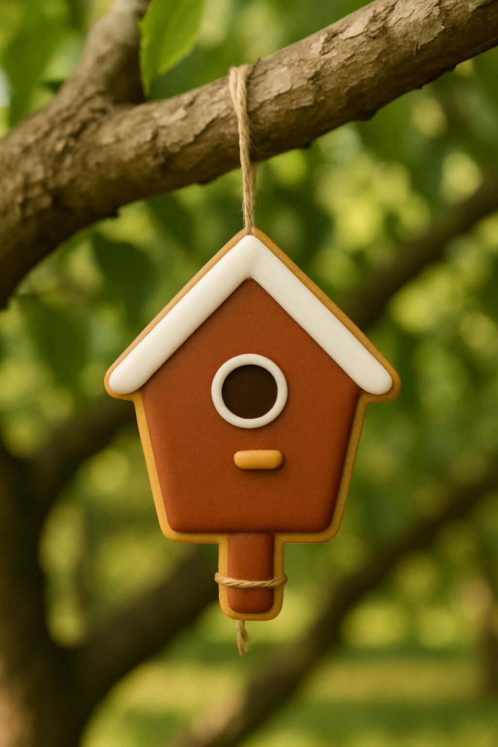 Decorative birdhouse cookie hanging on a tree branch with a blurred green background from a 4 inch Birdhouse Metal Cookie Cutter