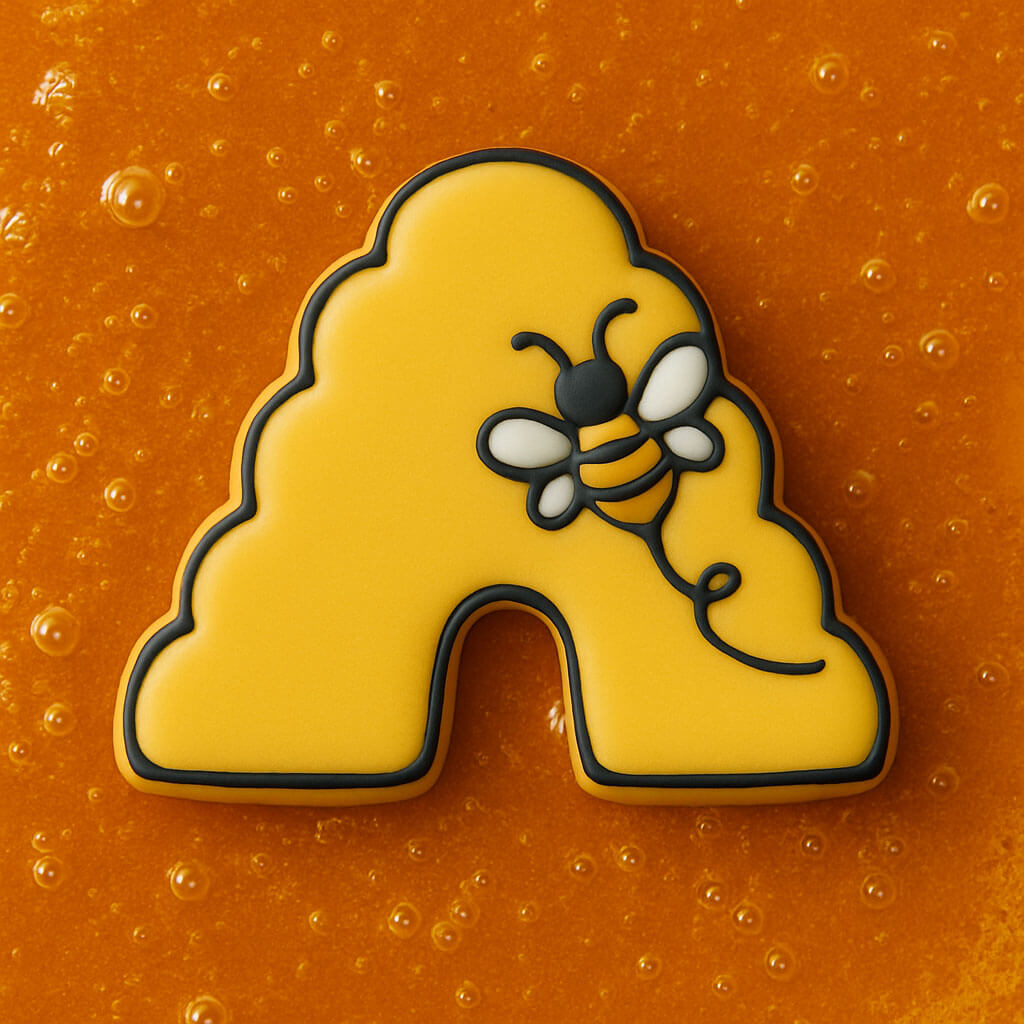 Yellow beehive cookie with a bee on an orange background from a 4 inch Bee Hive Metal Cookie Cutter