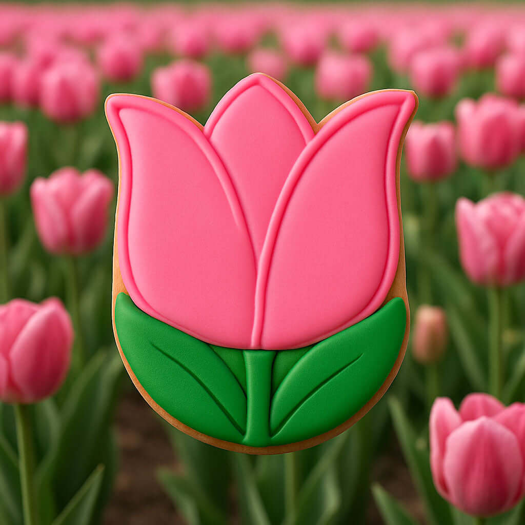 Pink tulip-shaped cookie with green stem against a background of pink tulips from a 3 inch Tulip Flower Metal Cookie Cutter