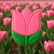 Pink tulip-shaped cookie with green stem against a background of pink tulips from a 3 inch Tulip Flower Metal Cookie Cutter