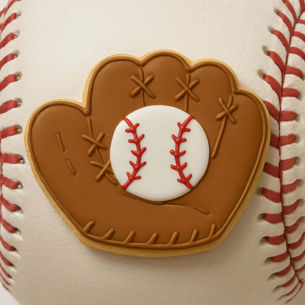 Baseball with a brown leather glove patch on a white background from a 3.5 inch Baseball Glove Metal Cookie Cutter