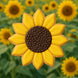 Sunflower-shaped cookie with a brown center against a background of sunflowers from a 3 inch Sunflower Metal Cookie Cutter