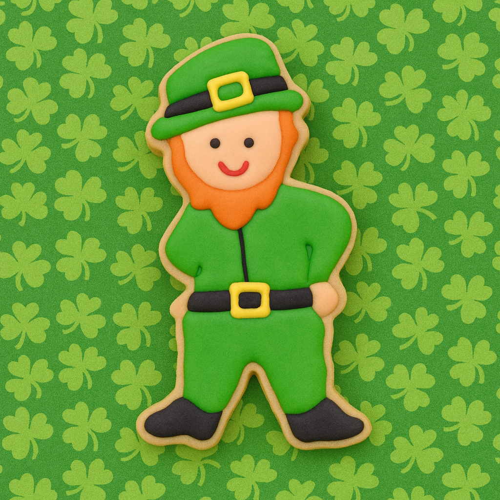Decorative cookie shaped like a leprechaun on a green background with shamrocks from a 4 inch Leprechaun Metal Cookie Cutter