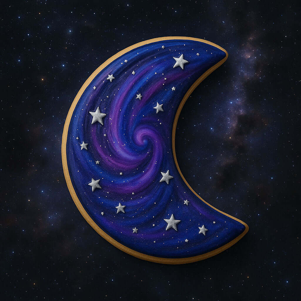 Decorative cookie shaped like a crescent moon with star designs on a starry night sky background from a 3 inch Crescent Moon Metal Cookie Cutter