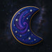 Decorative cookie shaped like a crescent moon with star designs on a starry night sky background from a 3 inch Crescent Moon Metal Cookie Cutter