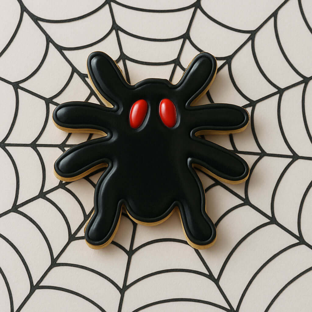 2.5 inch Spider Metal Cookie Cutter shaped black spider cookie with red eyes on spider web background.