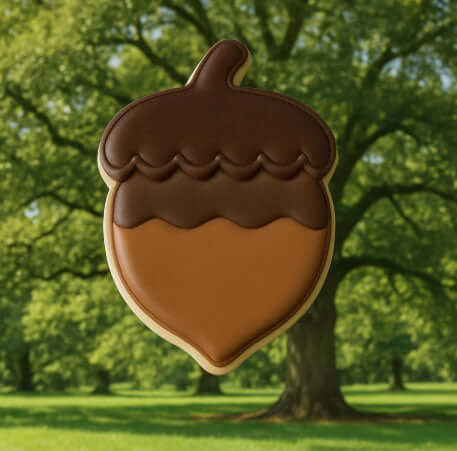 3 inch Acorn Metal Cookie Cutter shaped cookie with chocolate and caramel colors, against a green park background.