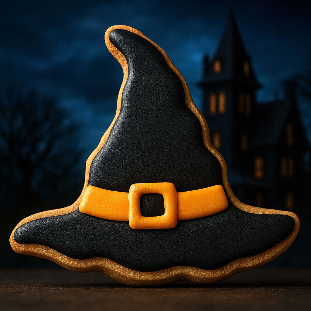 4 inch Witch's Hat Metal Cookie Cutter decorated cookie with black icing and yellow buckle, perfect for Halloween treats.