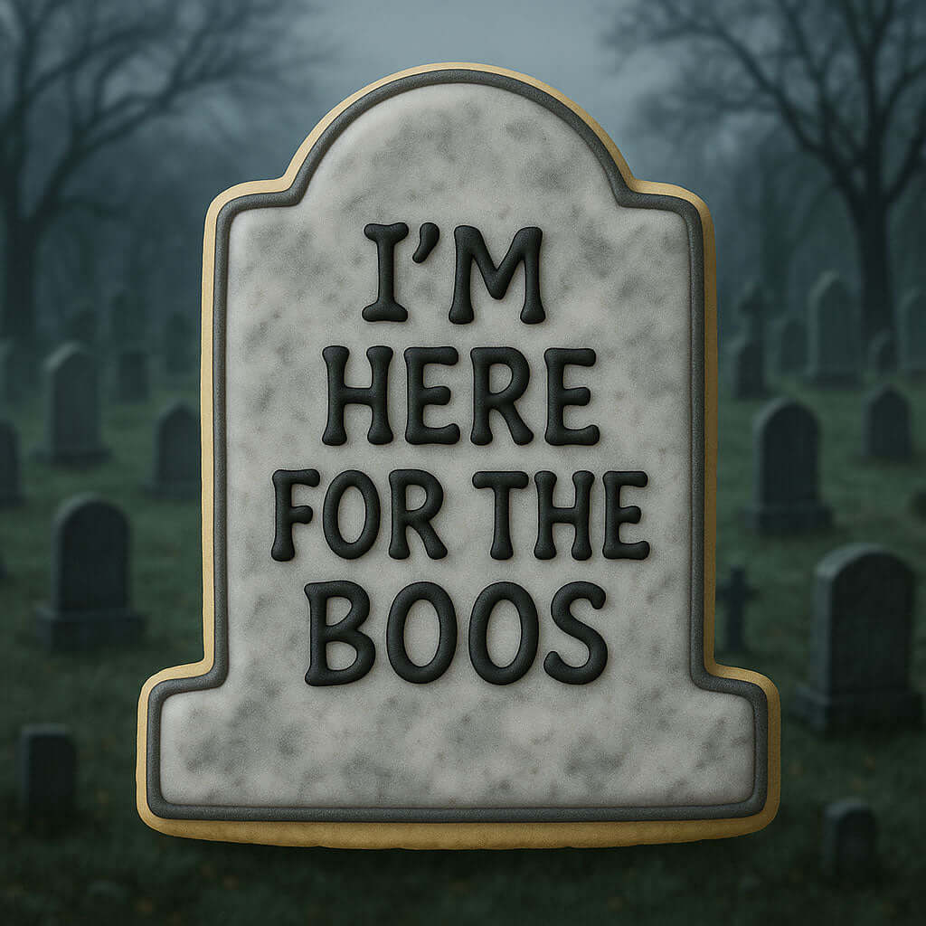 3 inch Tombstone Metal Cookie Cutter shaped like a gravestone with the text 'I'M HERE FOR THE BOOS' for Halloween baking.