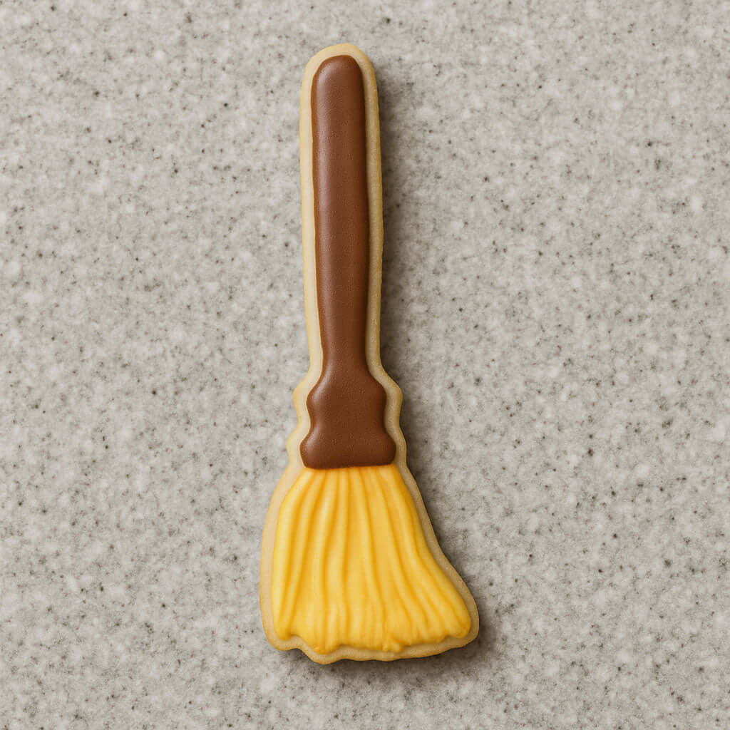 Cookie shaped like a broom with a brown handle on a gray surface from a 5 inch Witch's Broom Metal Cookie Cutter