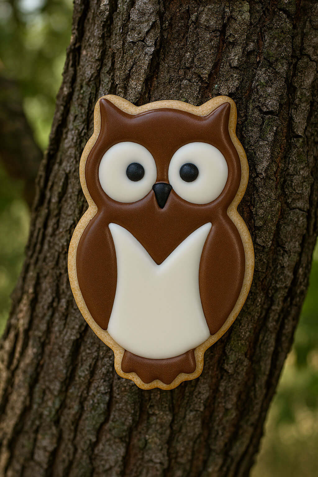 Owl-shaped cookie on a tree trunk from a 3.25 inch Owl Metal Cookie Cutter