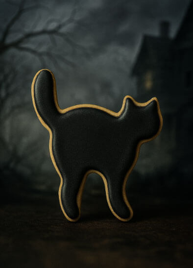Black cat-shaped cookie with gold accents on a dark background from a 3 inch Witch's Cat Metal Cookie Cutter