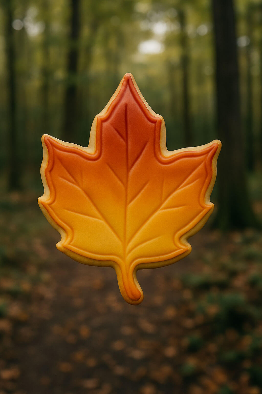 Elm leaf cookie with a forest background from a 3.25 inch Elm Leaf Metal Cookie Cutter