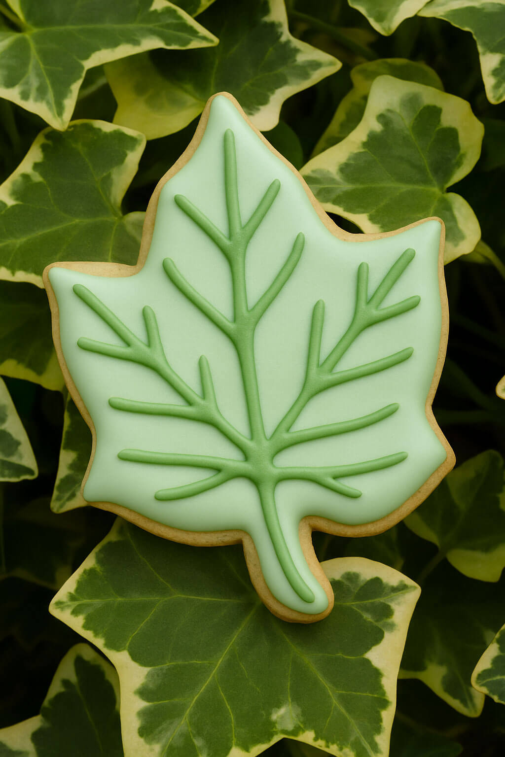 Leaf-shaped cookie with green icing on a bed of green leaves from a 3.5 inch Ivy Leaf Metal Cookie Cutter