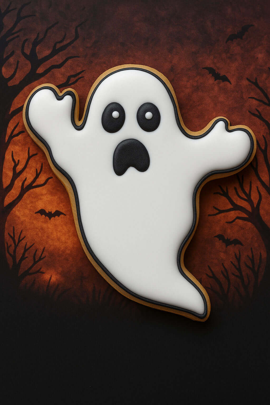 Ghost-shaped cookie with a Halloween-themed background featuring bats and trees from a 3.5 inch Ghost Metal Cookie Cutter
