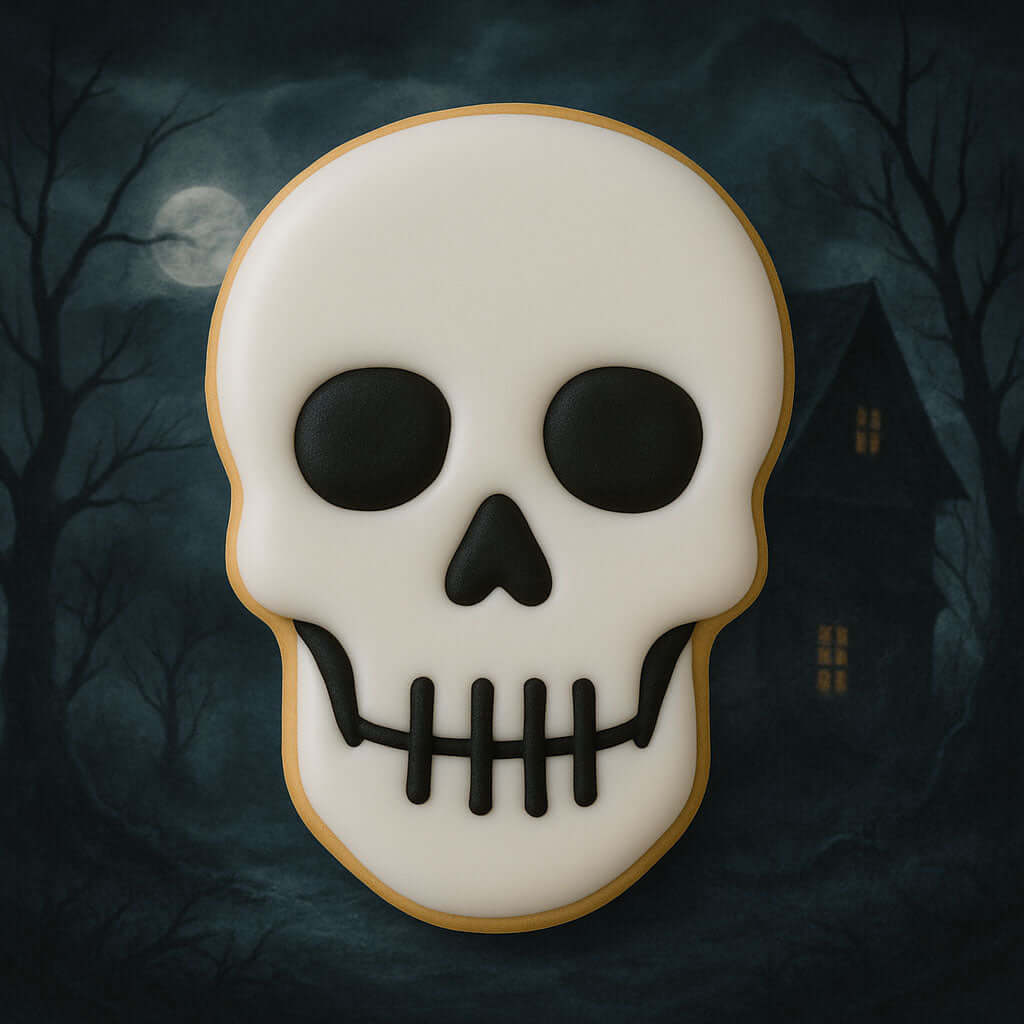 Skull-shaped cookie with a dark background featuring a moon and trees from a 3 inch Skull Metal Cookie Cutter