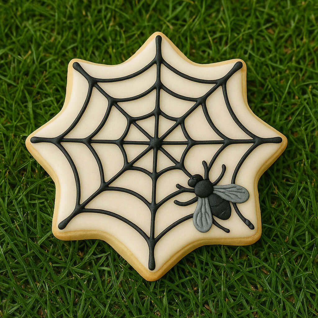 Spider web cookie with spider decoration on a grass background from a 3 inch Spider Web Metal Cookie Cutter