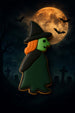 5 inch Standing Witch Metal Cookie Cutter shaped green witch cookie against a spooky moonlit backdrop.